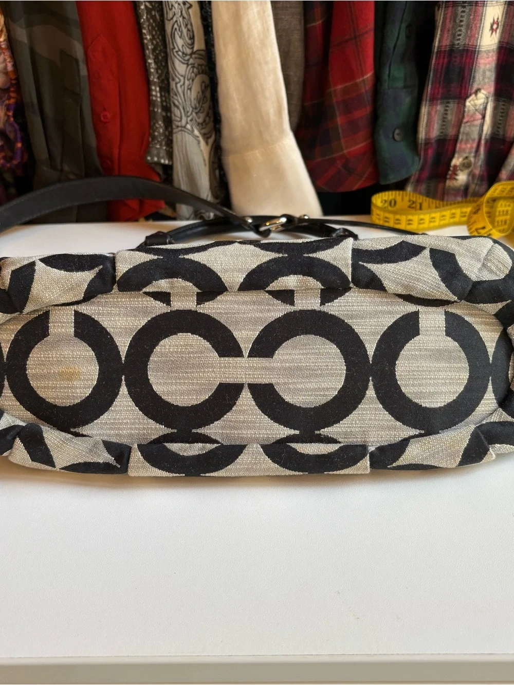 Coach Black and Cream Signature Canvas Satchel with Leather Trim